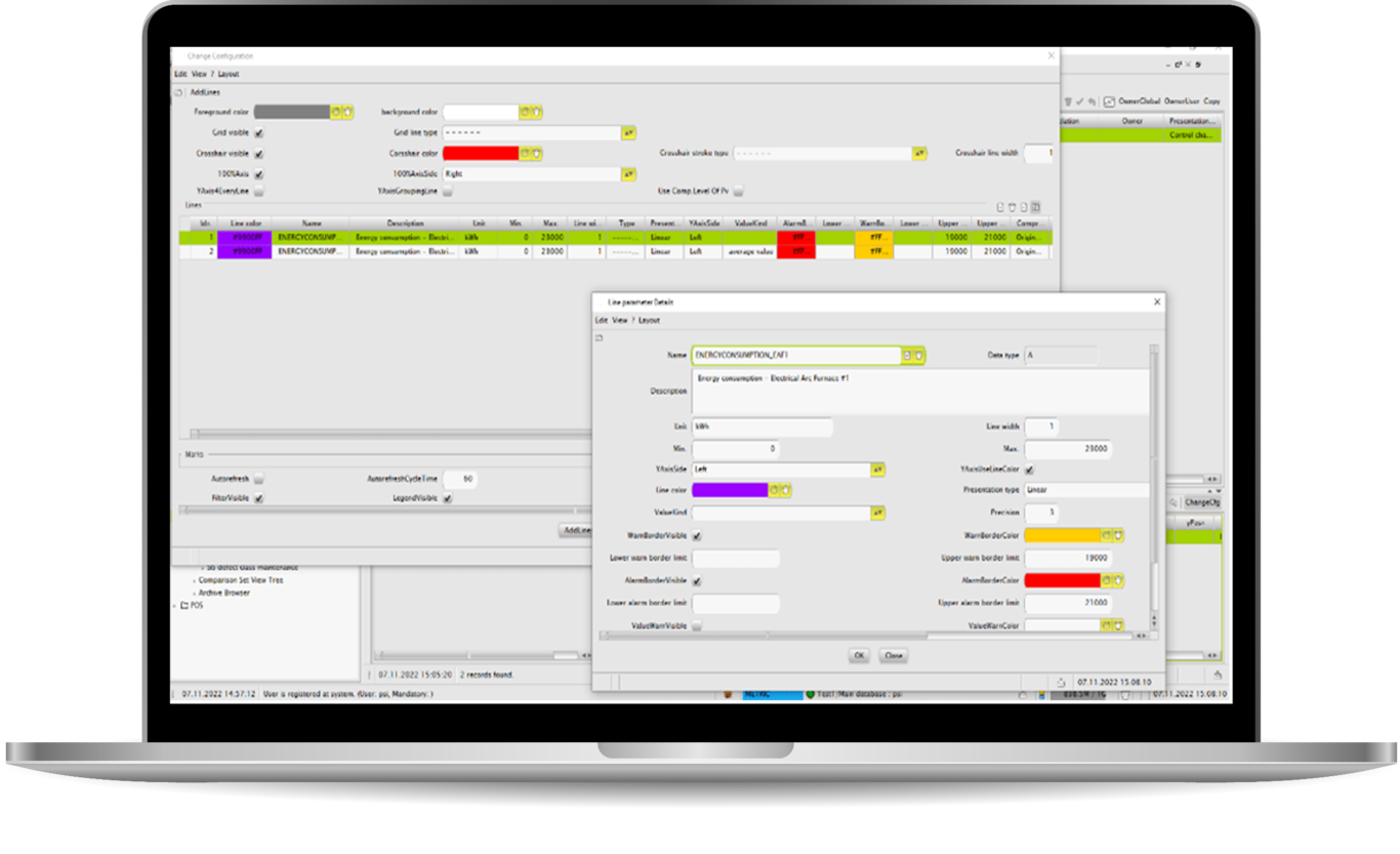 Laptop screen with PSImetals Process Value Archiving Management (PAM) showing data visualization and analysis.