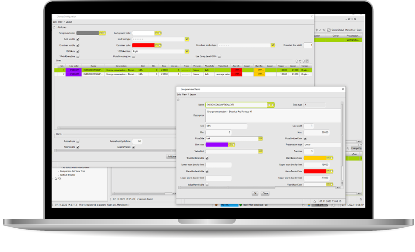Laptop-Bildschirm mit PSImetals Process Value Archiving Management (PAM), der Datenvisualisierung und Analysen anzeigt.