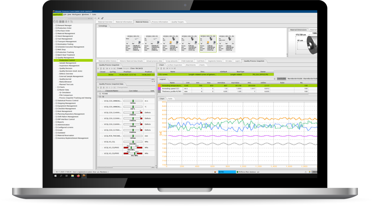 PSImetals Quality Indicators im Software-Interface, angezeigt auf einem Laptop.
