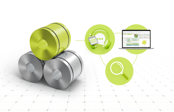Green steel coil and PSImetals software on laptop