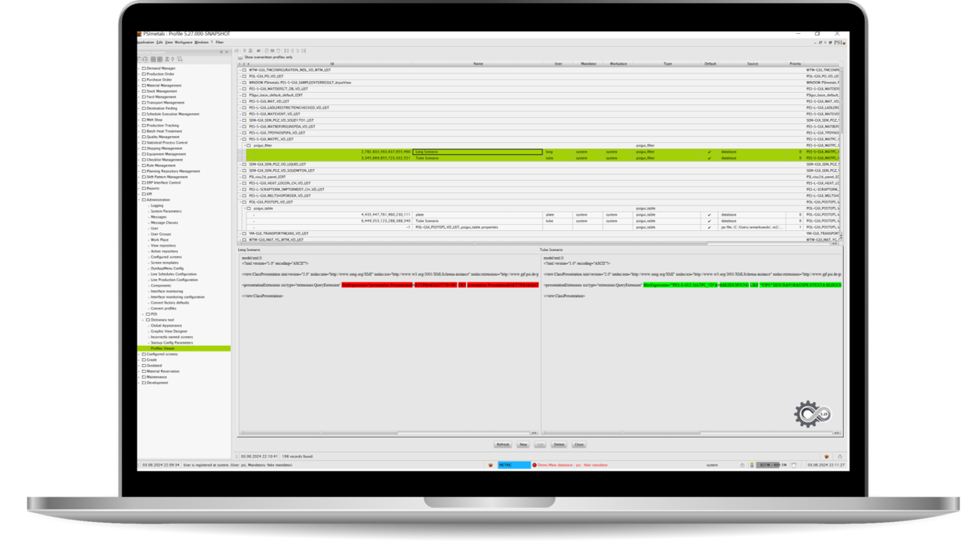 Screenshot of PSImetals Service Platform on a laptop showing upgraded architecture, improved project deployment across environments, and enhanced embedded BI integration.