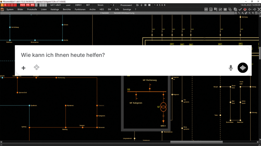 Digitaler Mock-up einer Benutzeroberfläche für die Systemführung mit einem Eingabefeld für einen KI-Assistenten zur Steuerung von Netzleitsystemen.