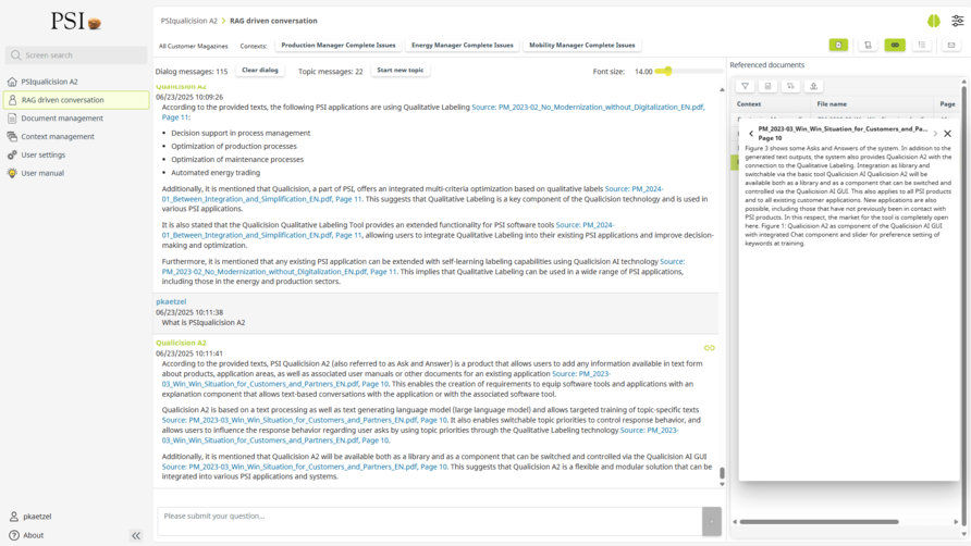 Mockup showing an AI-assisted chat interface demonstrating a RAG-driven conversation using PSIqualicision-A², where the system retrieves relevant knowledge and provides precise, context-aware answers.