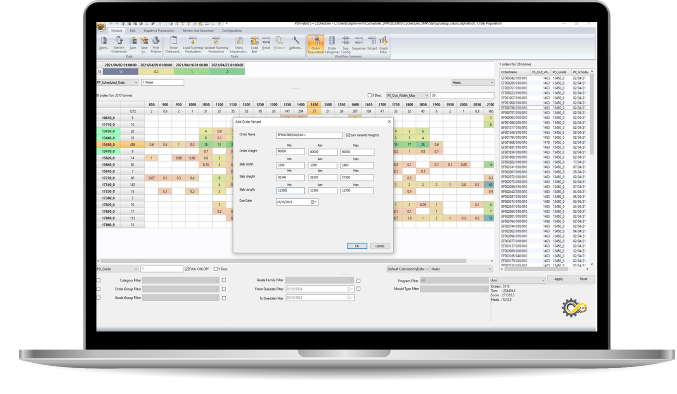 Screenshot of PSImetals Planning software on a laptop showing improved inventory replenishment and monitoring, enhanced UX/UI, and advanced features like due date quoting, coil combiner, and caster scheduler.