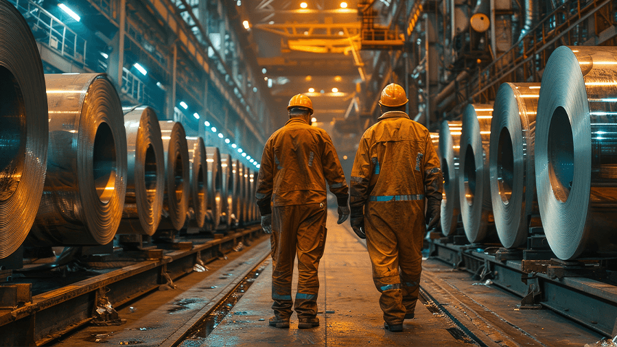 Die Arbeiter arbeiten in der Stahlfabrik.