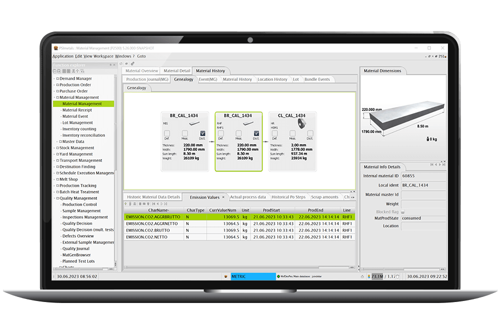 PSImetals software tracking CO₂ emissions at piece and product level across the entire metals production chain.