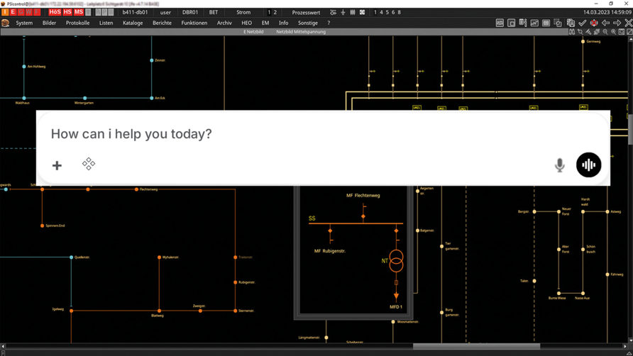 Digital mockup of a system management interface showing an representativ input field of an AI assistant, designed for AI-driven grid control queries.
