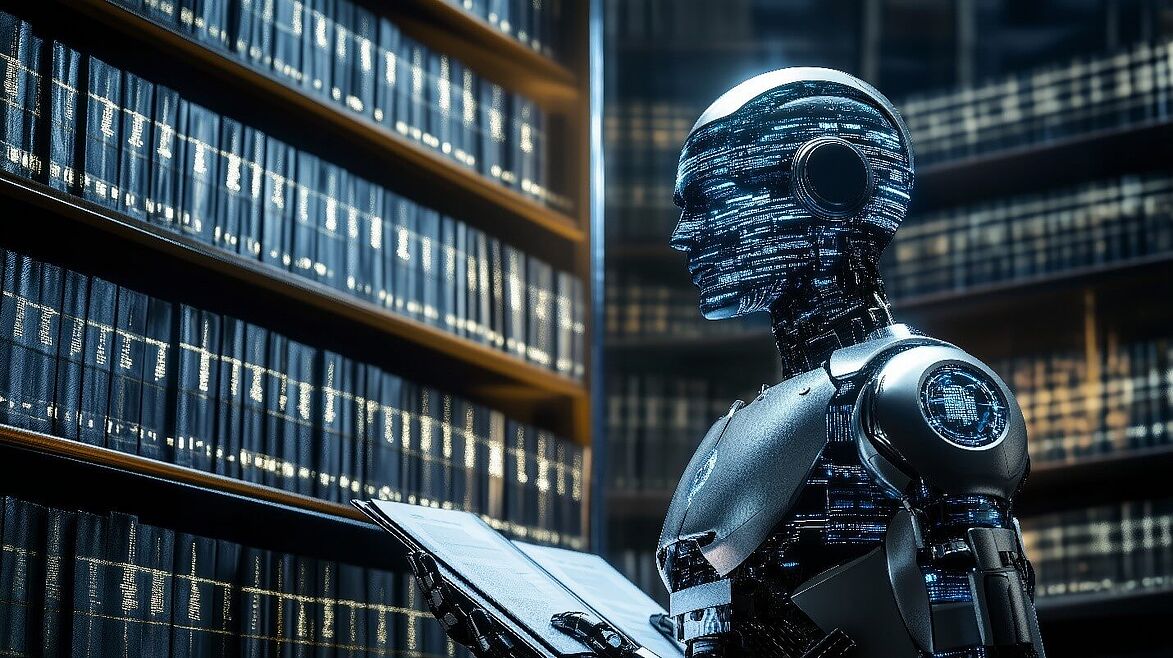 Ein futuristischer KI-Roboter analysiert Rechtsdokumente in einer digitalen Bibliothek und symbolisiert damit künstliche Intelligenz in der Rechtsforschung und Wissensverarbeitung.