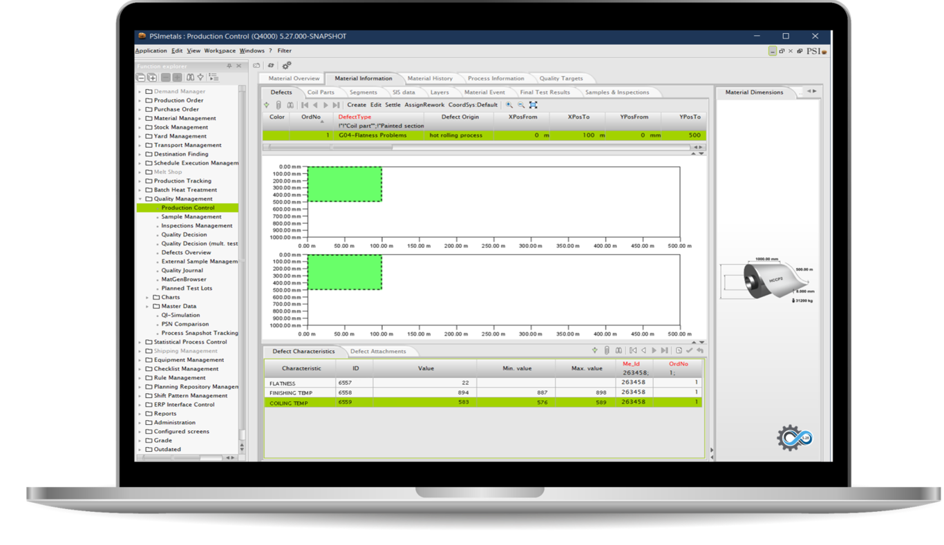 Screenshot of PSImetals Quality software on a laptop displaying cloud-enabled Order Dressing, defect characteristics for coil parts, and streamlined management of statistics-based test results.