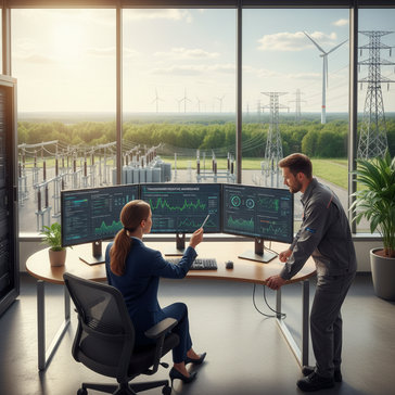 Two colleagues discussing real-time system data on a screen, using AI-driven analysis to identify patterns for predictive maintenance and proactive problem-solving.