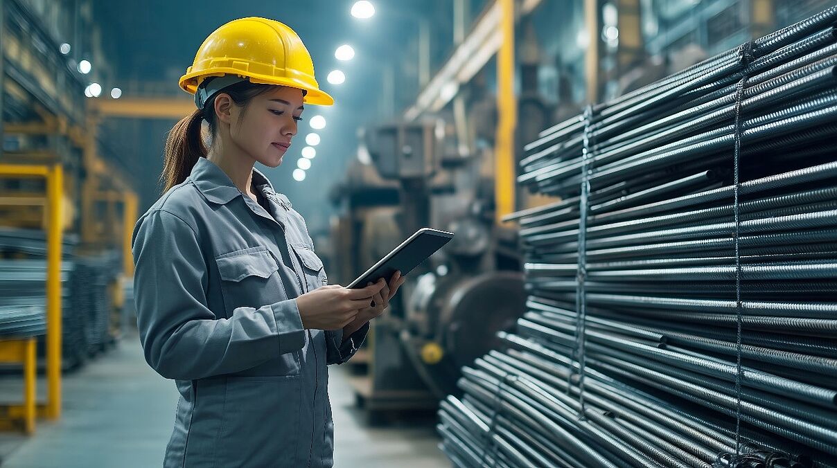 Mitarbeiterin mit Tablet optimiert Bedarfs- und Lieferkettenplanung in der Metallindustrie mit PSImetals