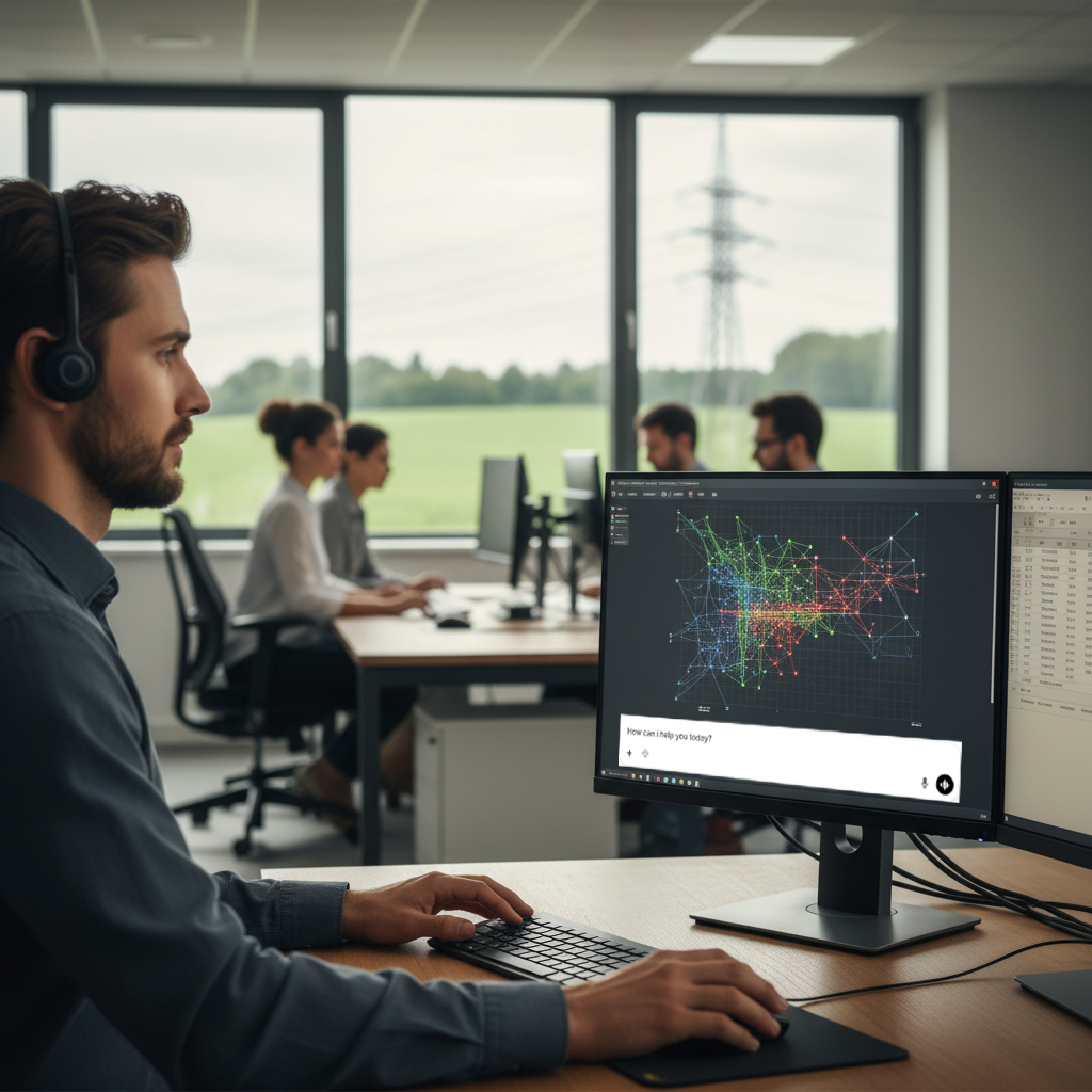 A male official working on a large high-tech monitor displaying data visualizations for Artificial Intelligence in system management and grid control.